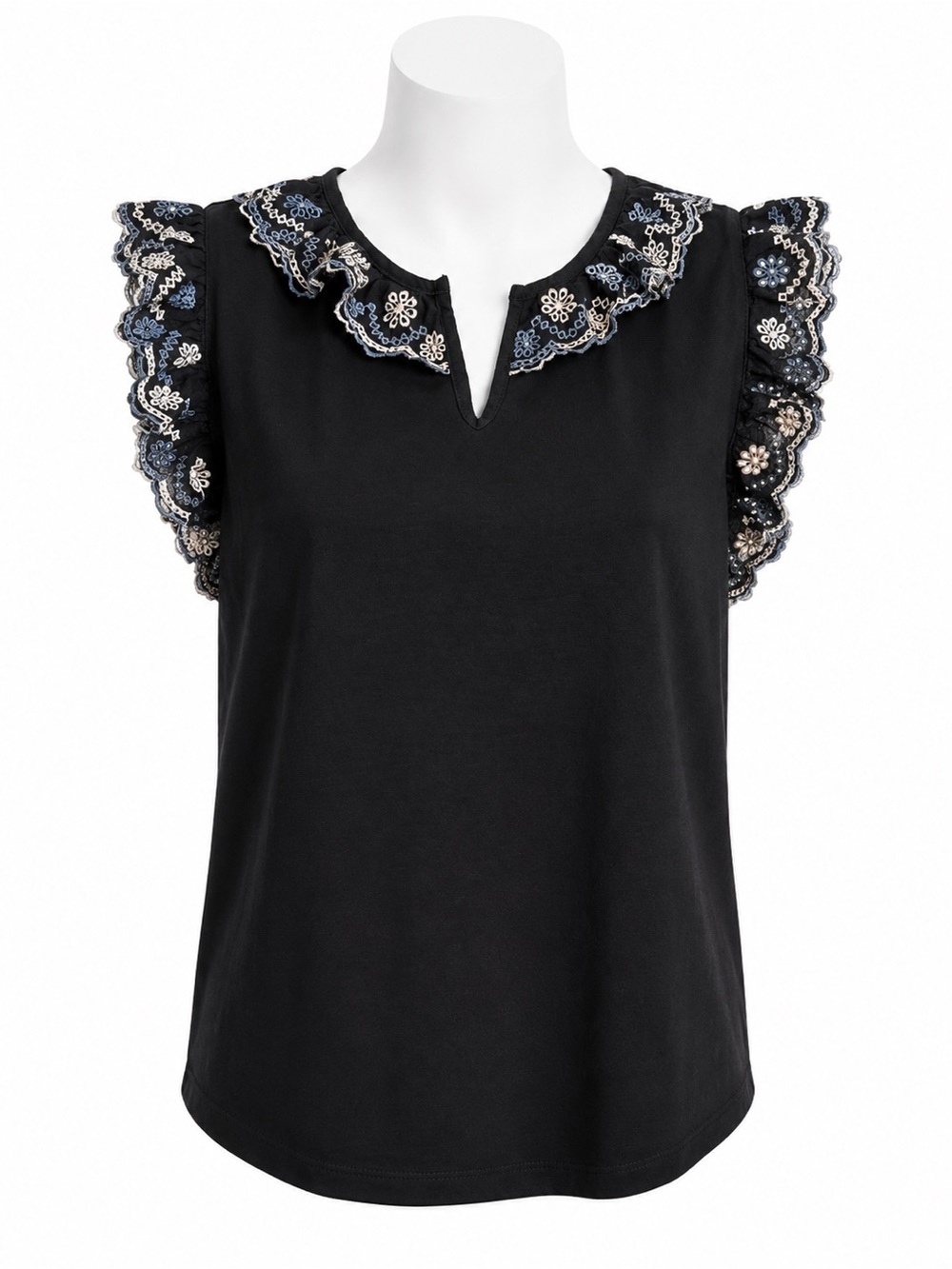 Current Air Black Sleeveless Top with Embroidered Ruffle Trim